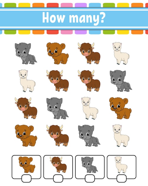 Juego de conteo para niños Personajes felices Aprendiendo matemáticas Cuántos objetos en la imagen Hoja de trabajo educativa Con espacio para respuestas Ilustración vectorial