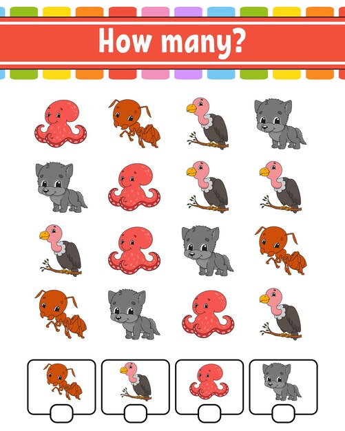 Juego de conteo para niños Personajes felices Aprendiendo matemáticas Cuántos objetos en la imagen Hoja de trabajo educativa Con espacio para respuestas Ilustración vectorial