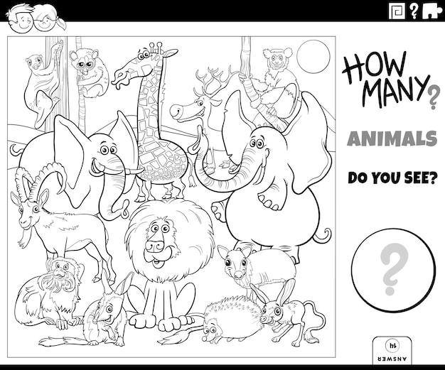 juego de conteo con personajes de animales salvajes de dibujos animados grupo página de libro para colorear