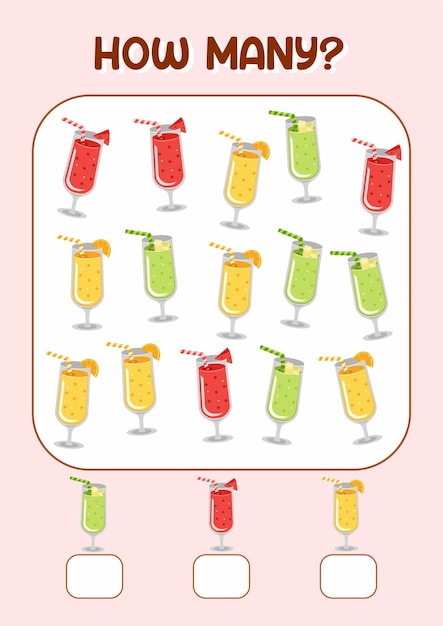 Juego de conteo vectorial cuántos para niños con ilustración de bebida de jugo
