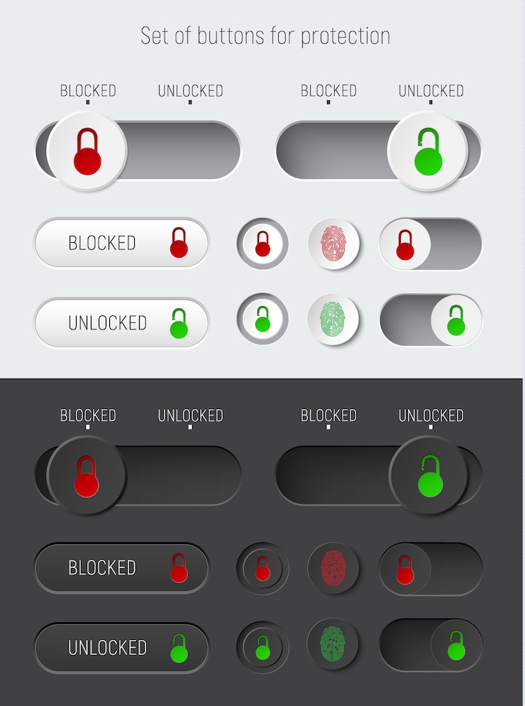 Vector juego de controles deslizantes e interruptores con candado rojo y verde