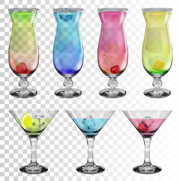 Juego de copas de vidrio transparente con cócteles de diferentes colores