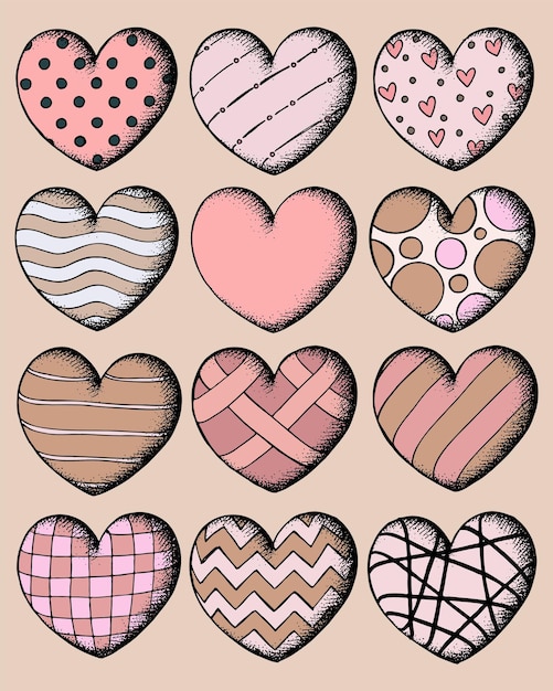 Un juego de corazones retro dibujados a mano en un estilo vintage