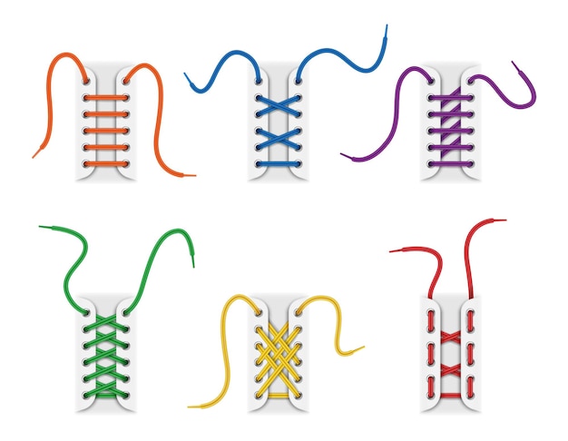 Vector juego de cordones coloridos desatados y atados en agujeros con varios métodos o técnicas
