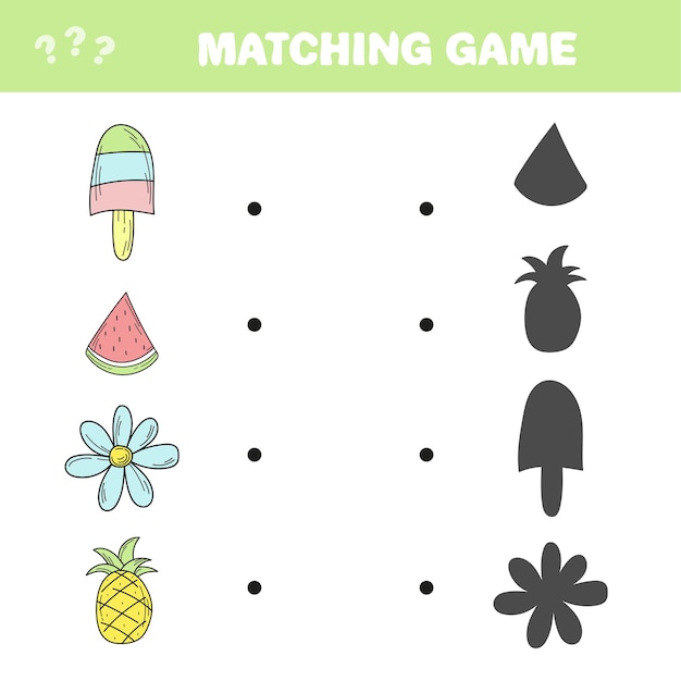 Juego de correspondencias encuentra la sombra correcta del juego de artículos de verano para niños