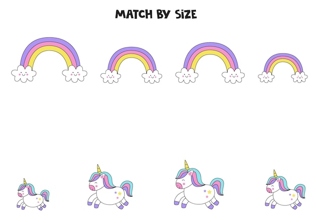 Juego de correspondencias para niños en edad preescolar. Combina arcoíris y unicornios por tamaño.
