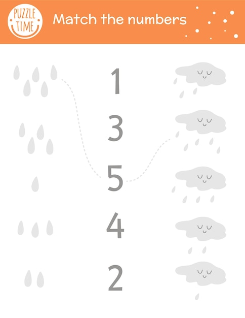 Juego de correspondencias con nubes y gotas de lluvia. actividad matemática de clima otoñal para niños en edad preescolar. hoja de trabajo de recuento de la temporada de otoño. imprimible educativo con lindos elementos divertidos para niños