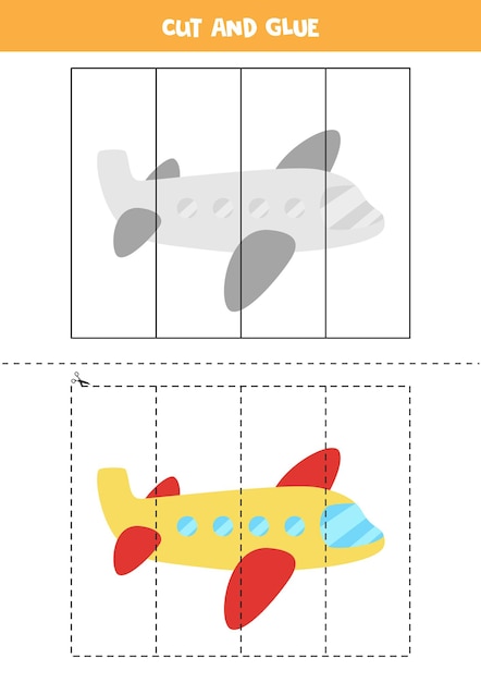 Juego de cortar y pegar para niños con avión de dibujos animados. Práctica de corte para preescolares.