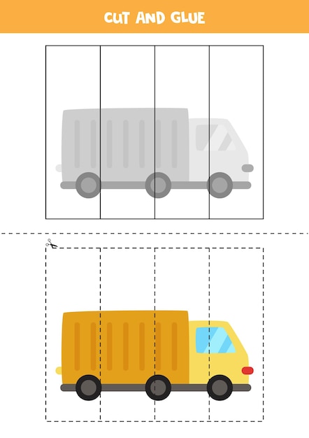 Juego de cortar y pegar para niños con camión de dibujos animados. práctica de corte para preescolares.