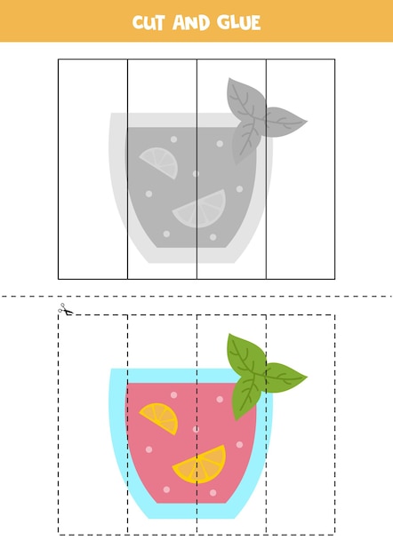 Juego de cortar y pegar para niños. cóctel de verano de dibujos animados.