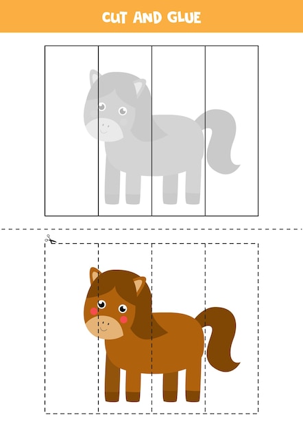 Juego de cortar y pegar para niños con lindo caballo. Práctica de corte para preescolares.