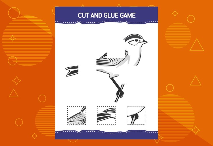 Vector juego de cortar y pegar para niños con pájaros práctica de corte para niños en edad preescolar hoja de trabajo educativa