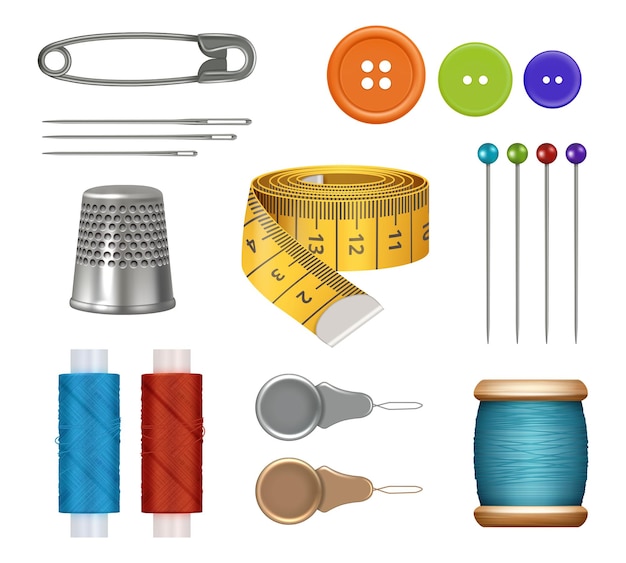 Juego de costura Equipo realista tela métrica cinta juego de costura agujas hilo tijeras para ropa de moda textil ilustraciones vectoriales decentes