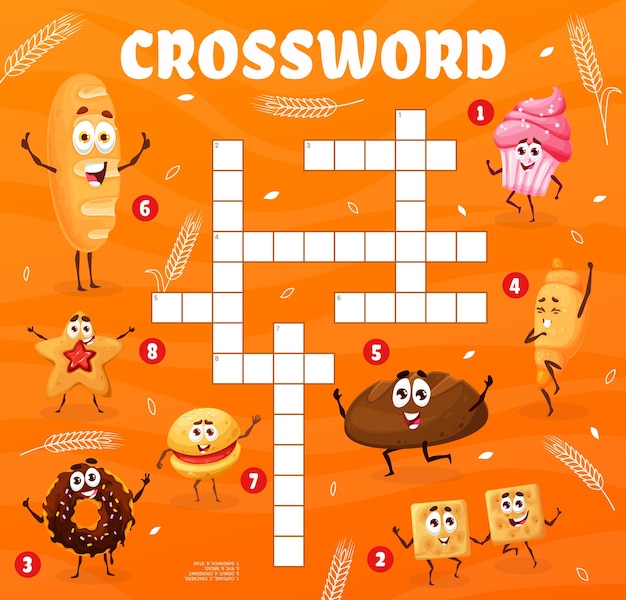 Juego de crucigramas cuadrícula de dibujos animados pastelería panadería y personajes de galletas vector niños hoja de trabajo divertida muffin cupcake croissant y rosquilla de chocolate con galletas en cuadrícula de crucigrama para adivinar la palabra