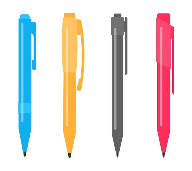 Juego de cuatro bolígrafos multicolores diferentes. Ilustración vectorial