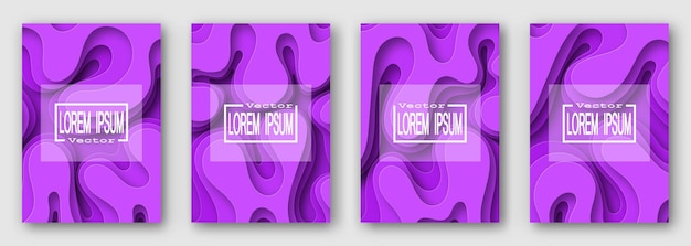 Juego de cuatro folletos. Morado, lila. Estilo de papel. Ondas de volumen con sombra. Para texto y su diseño. 10 eps