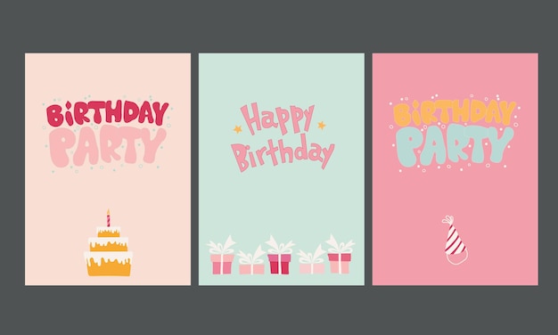 Un juego de cuatro tarjetas con tortas de cumpleaños y un pastel en ellas.