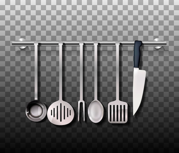 Vector juego de cubiertos realista. utensilio de cocina de plata o acero aislado en el fondo. vector