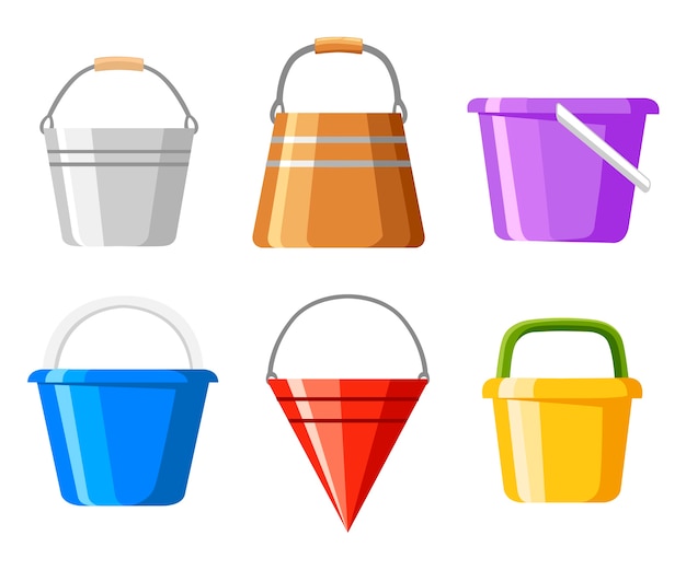 Juego de cubos. Una variedad de cubos. Recipientes de colores para agua o arena. . ilustración sobre fondo blanco. Página del sitio web y aplicación móvil.