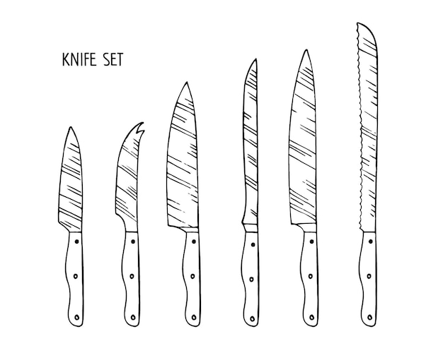 Vector juego de cuchillos de cocina cuchillos de cocina de acero inoxidable para cortar boceto de diferentes productos