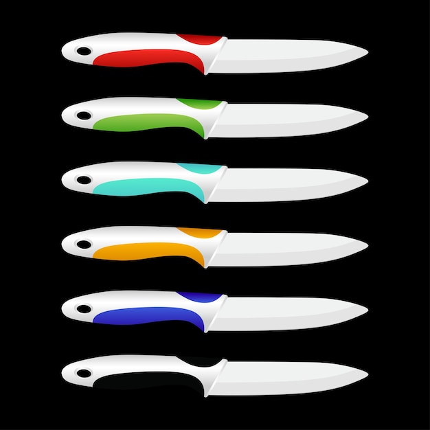 juego de cuchillos de cocina realistas aislados en negro, ilustración vectorial, cuchillos de chef, juego de cubiertos