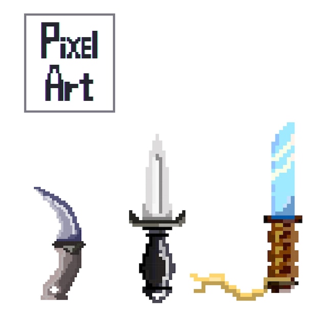 juego de cuchillos con forma diferente en estilo pixel art Ilustración vectorial