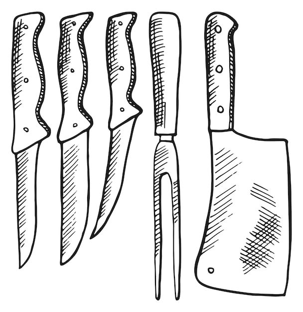 Juego de cuchillos Grabado de cuchillas de chef dibujadas a mano