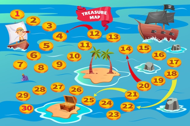 Juego de dados de tablero pirata de dibujos animados con mapa de camino al tesoro