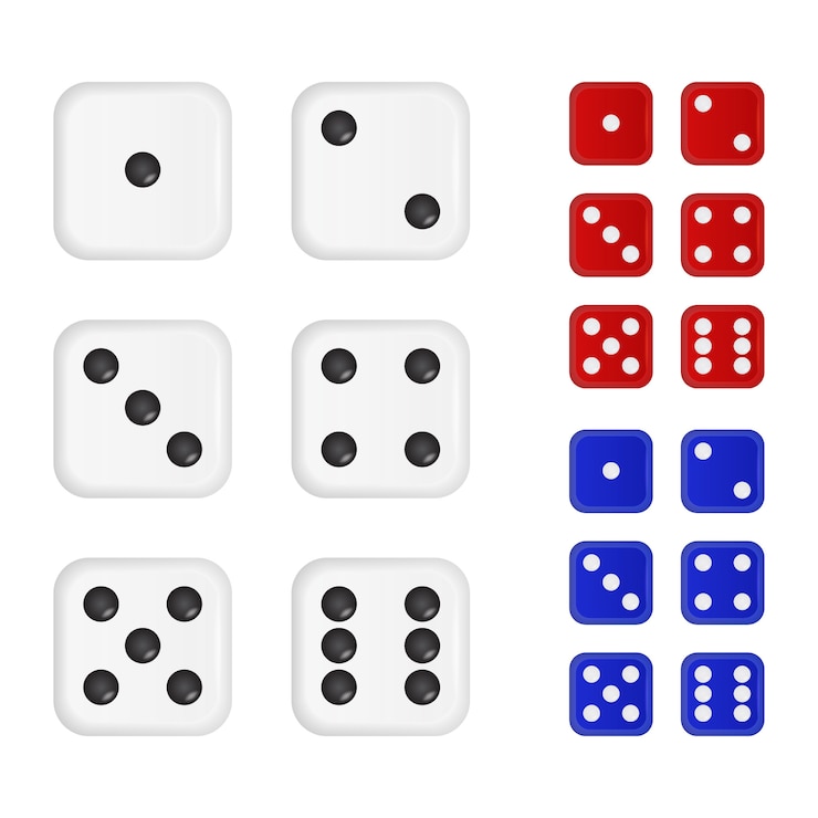 Vector juego de dados en tres colores: blanco, rojo, azul.