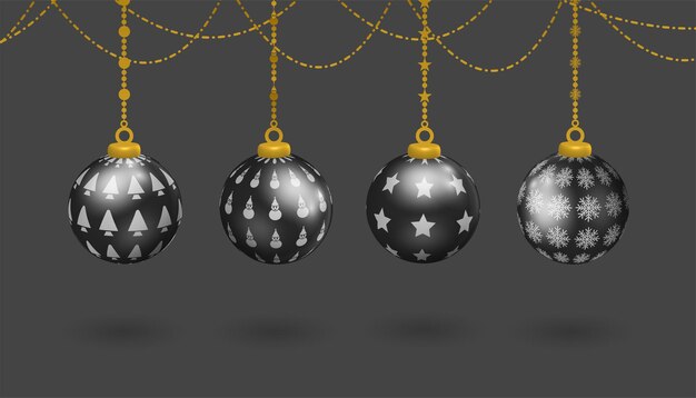 juego de decoración navideña de bolas colgantes realistas negras, con varios patrones de símbolos navideños