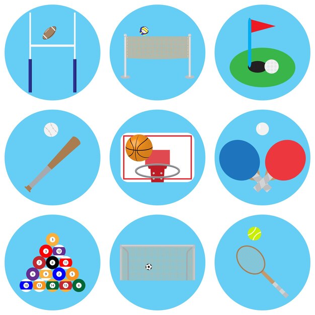 Juego deportivo con pelota Baloncesto y billar tenis y voleibol pelotas deportivas e icono de fútbol ilustración vectorial