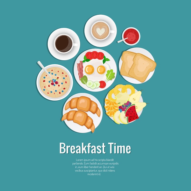 Vector juego de desayuno. café, tostadas, croissants, tortilla con tocino, frutas, mermelada, avena