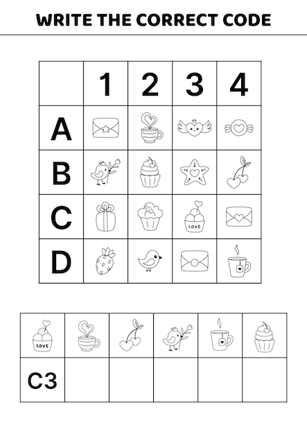 Juego de día de San Valentín en blanco y negro Escribe el código correcto Juego de atención educativa Vector