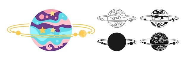 El juego de dibujos animados de fantasía del planeta del planeta del símbolo de la galaxia del cosmos del signo del icono de los niños del vector