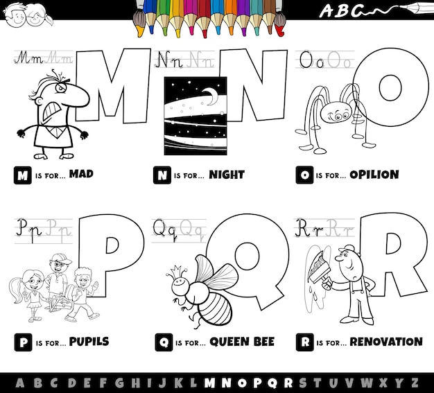 Vector juego de dibujos animados de letras del alfabeto educativo de m a r página de colorear