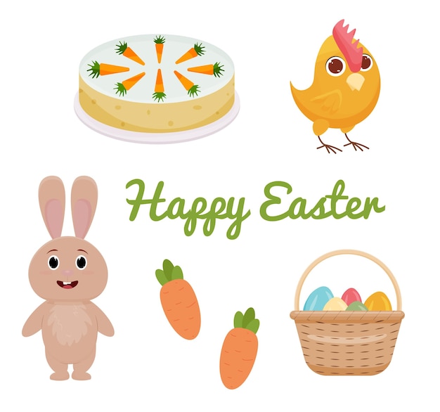 juego con dibujos animados símbolos de Pascua conejo de Pascua huevos de pollo pastel de zanahoria feliz pascua vector