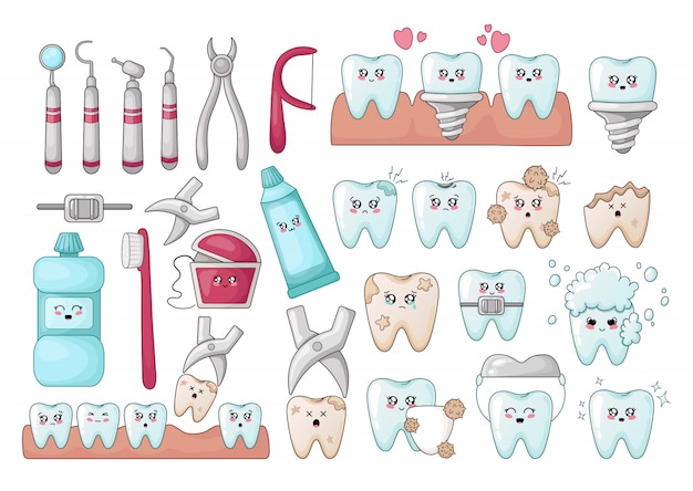 Juego de dientes kawaii, herramientas de odontología, implantes, con diferentes emojis.