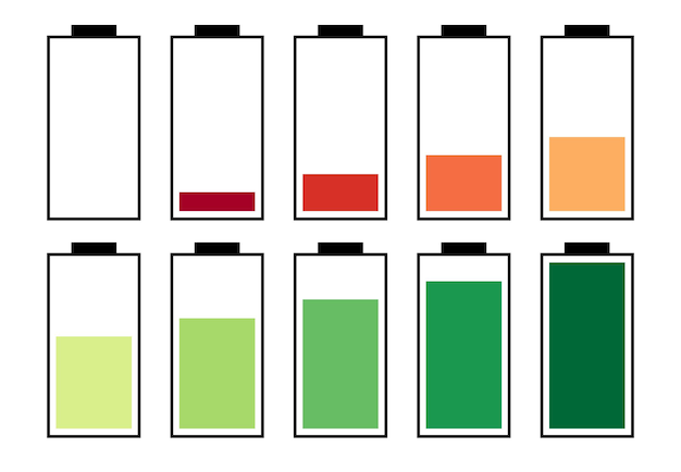 Un juego de diez baterías con diferentes indicadores de carga. ilustración vectorial