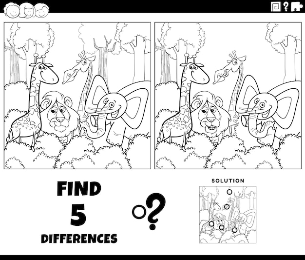 Juego de diferencias con animales de dibujos animados para colorear página
