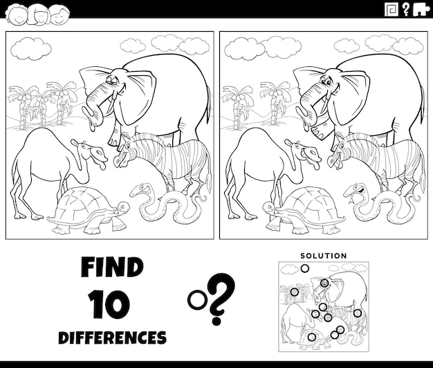 Juego de diferencias con animales de dibujos animados para colorear página