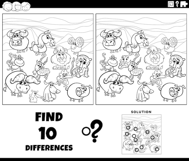 Juego de diferencias con animales de dibujos animados para colorear página