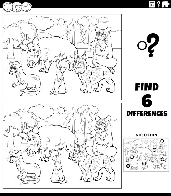 Juego de diferencias con animales salvajes de dibujos animados para colorear página