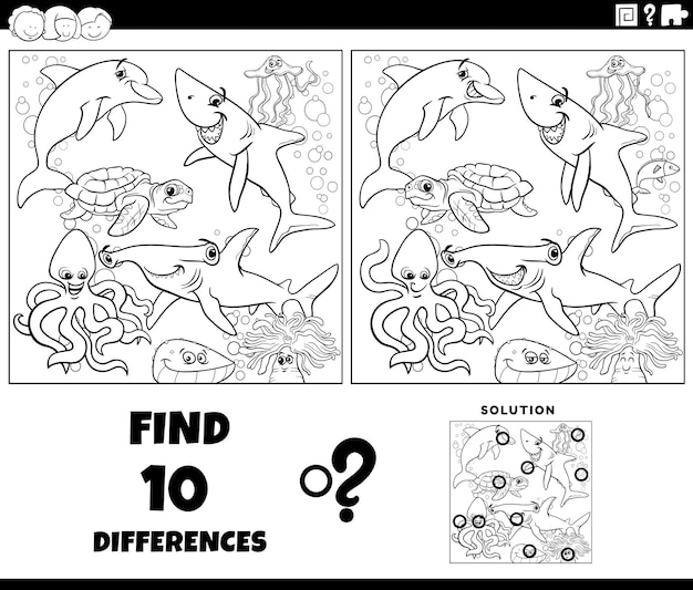 Juego de diferencias con dibujos de animales marinos para colorear