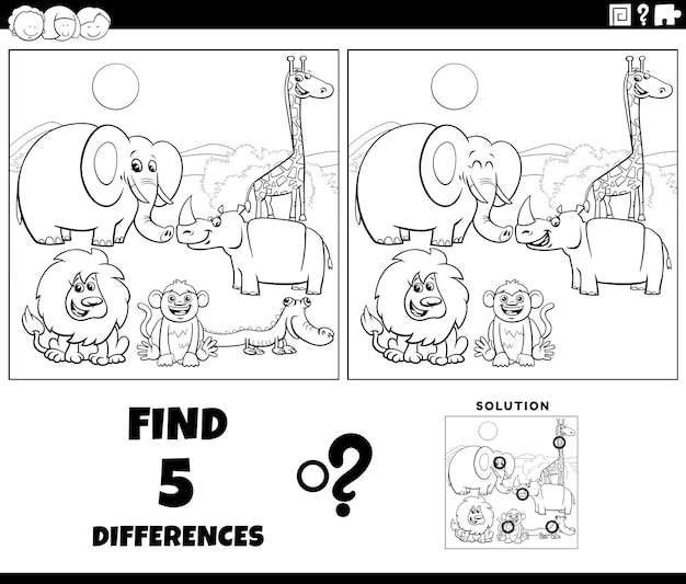 Juego de diferencias con dibujos de animales de Safari para colorear