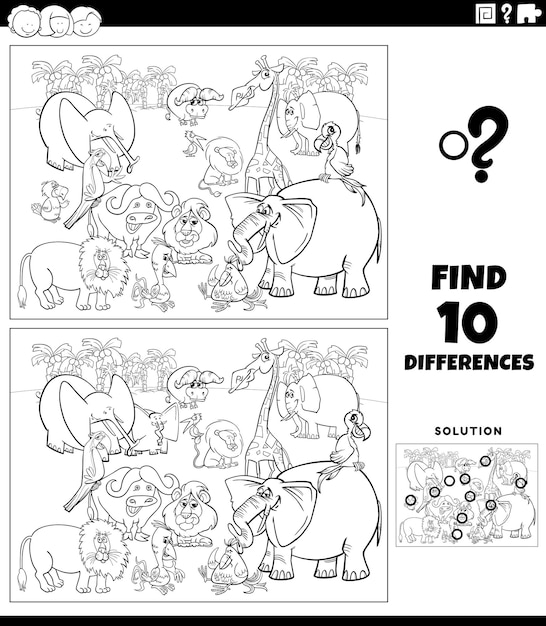 Juego de diferencias con dibujos de animales de safari para colorear