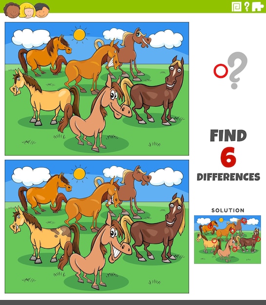 Juego de diferencias con dibujos de caballos para colorear página