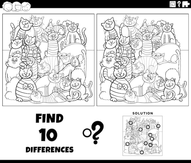 Juego de diferencias con dibujos de gatos para colorear página