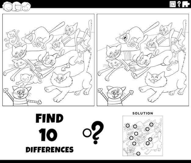 Juego de diferencias con dibujos de gatos corriendo para colorear página