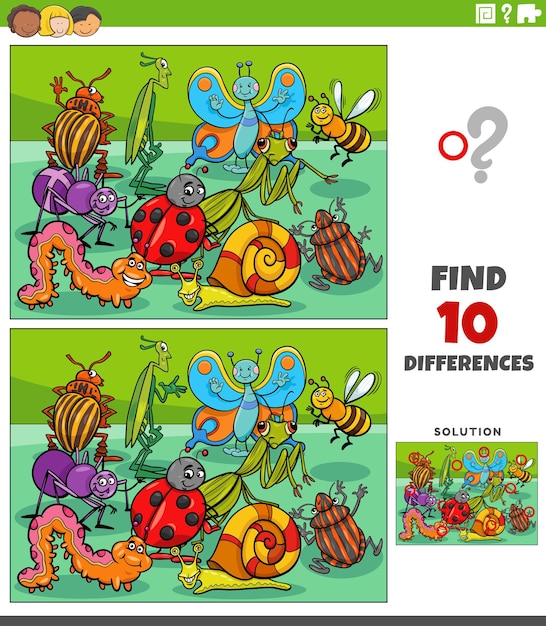 Juego de diferencias con dibujos de insectos para colorear página