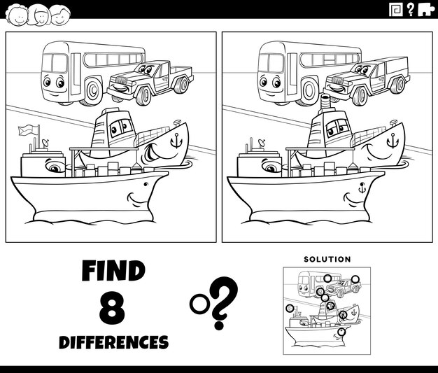 Juego de diferencias con dibujos de vehículos para colorear